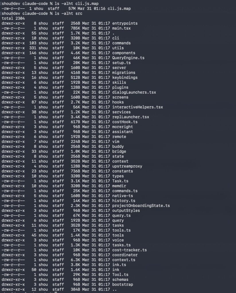 screenshot showing the leaked claude code folder structure and files