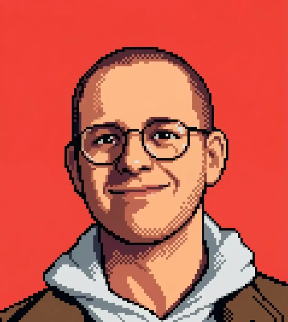 niko pixel art headshot on red background